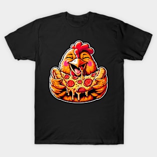 Happy Chicken Eating Pepperoni Pizza T-Shirt